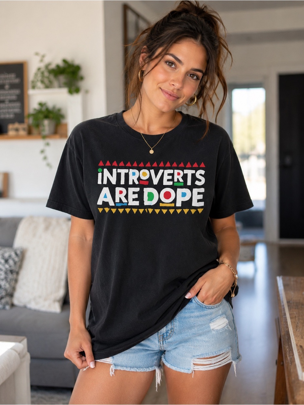 Gildan Black Tee with Colorful 'Introverts Are Dope' Graphic